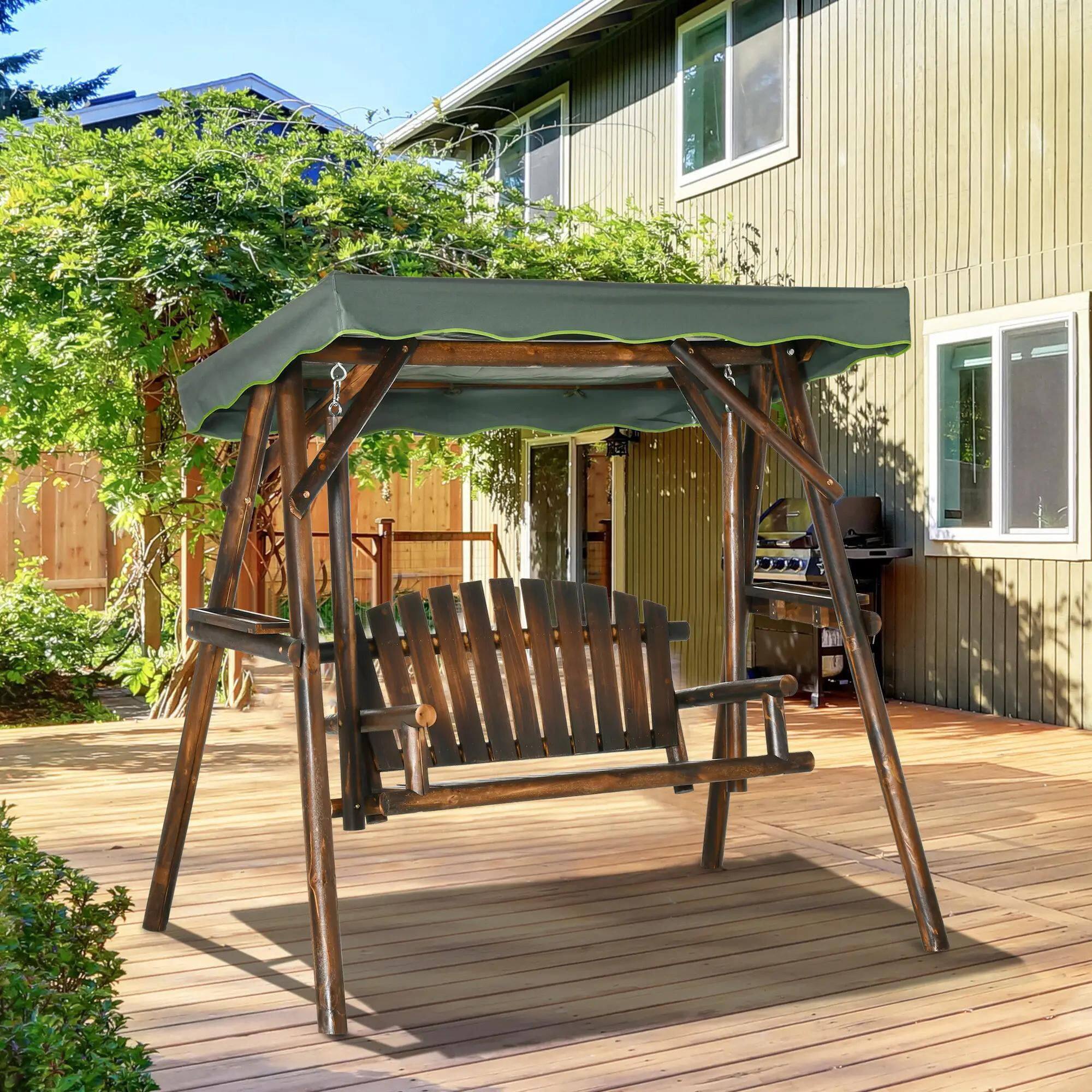 Left. Resenkos - Resenkos Dual-Seater Swing Bench, Outdoor Wooden Deck Seat With Retractable Umbrella & Side Shelves, Carbonised Finish.