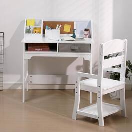 GARVEE - Kids Desk and Chair Set, Study Desk for Boys and Girl, Wooden Kids Writing Table with Cloth Drawers and Pen Holder - White