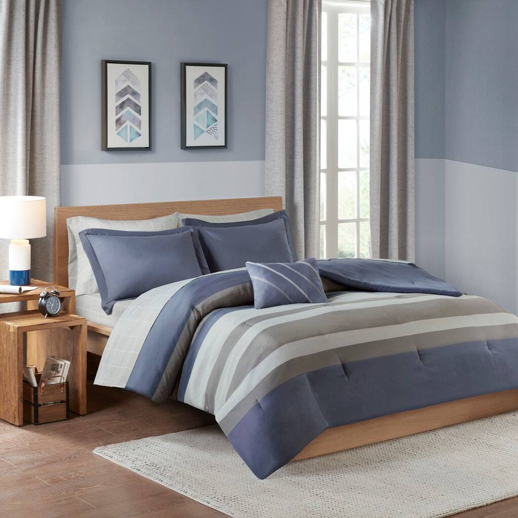 Alt View 1. Gracie Mills - Gracie Mills Tavish Striped Comforter Set with Matching Bed Sheets - Blue/Grey.