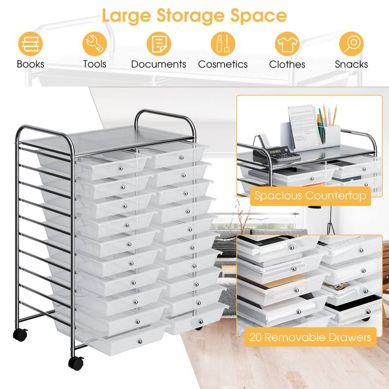 Large Storage Space  
Books  
Tools  
Documents  
Cosmetics  
Clothes  
Snacks  
Spacious Countertop  
20 Removable Drawers