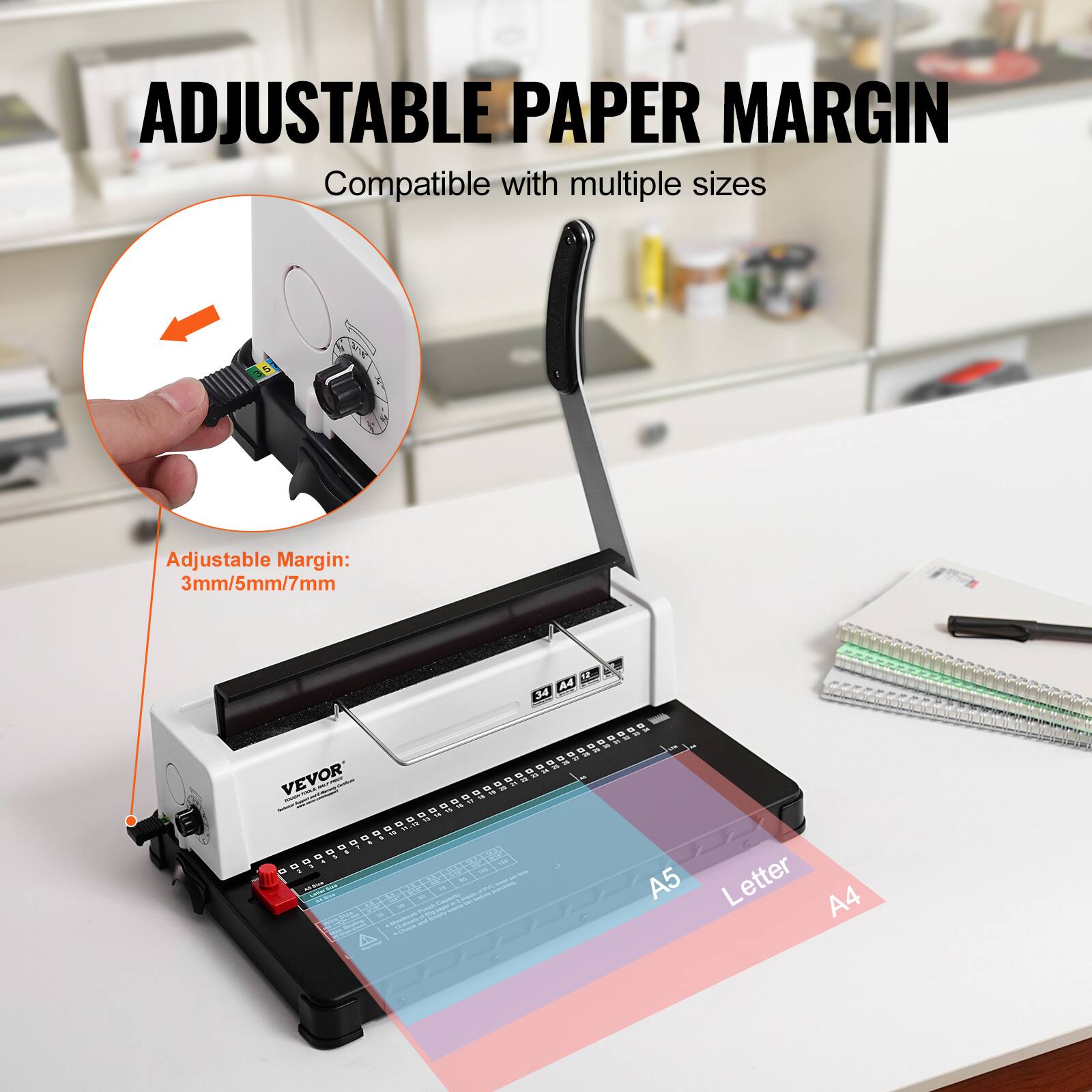 ADJUSTABLE PAPER MARGIN  
Compatible with multiple sizes  

Adjustable Margin:  
3mm/5mm/7mm  

A5 Letter A4