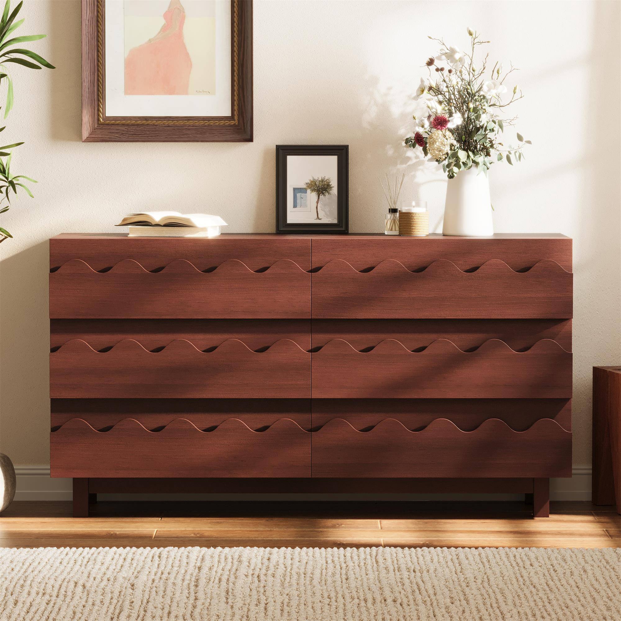 Alt View 1. Boyel Living - Walnut Modern 6 Drawer Dresser 60-in L x 18-in W x 33-in H Chest of Drawers with Solid Wood Legs for Bedroom Living Room - Walnut.