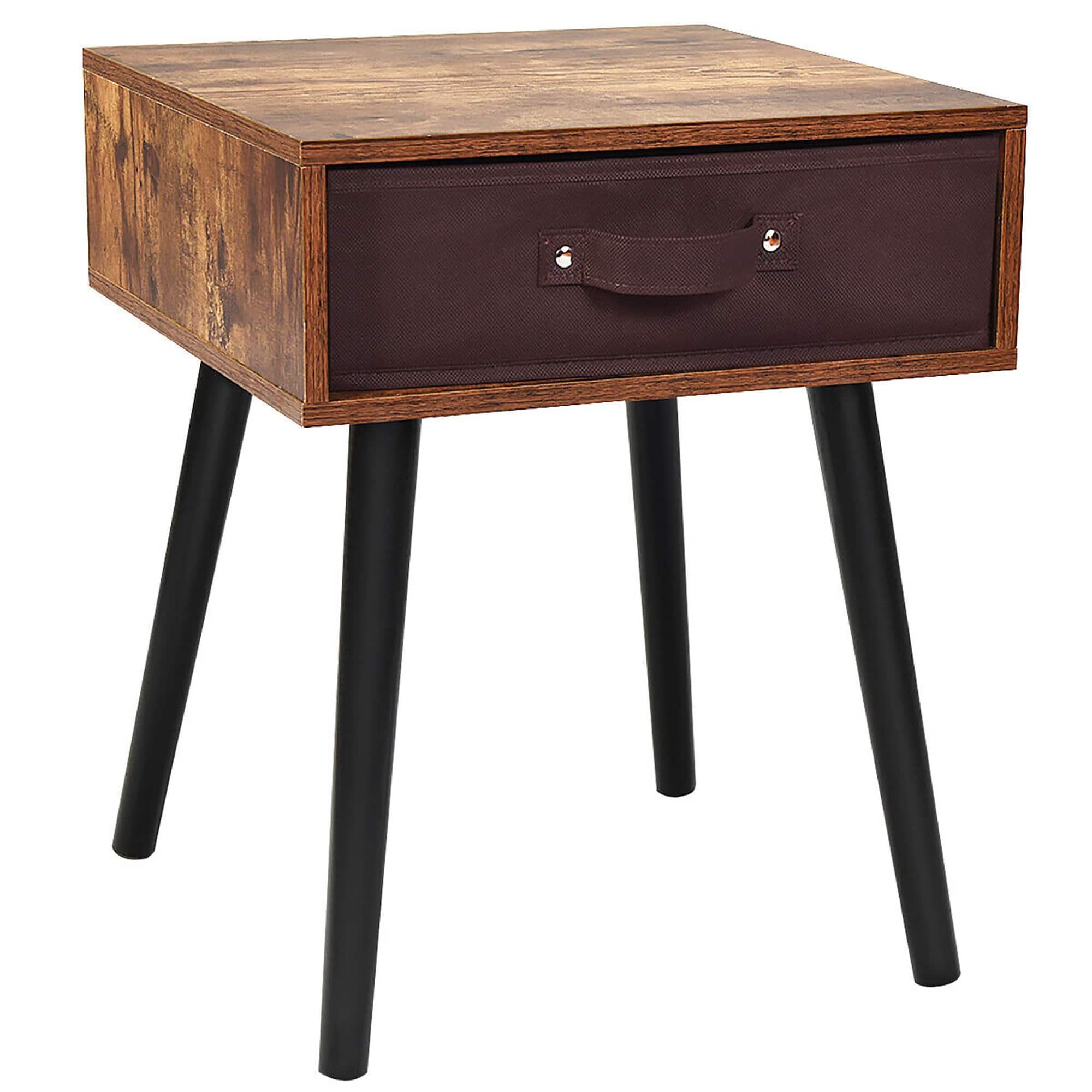 Costway - Mid-Century Accent Bedside Table with Fabric Drawer - Rustic Brown