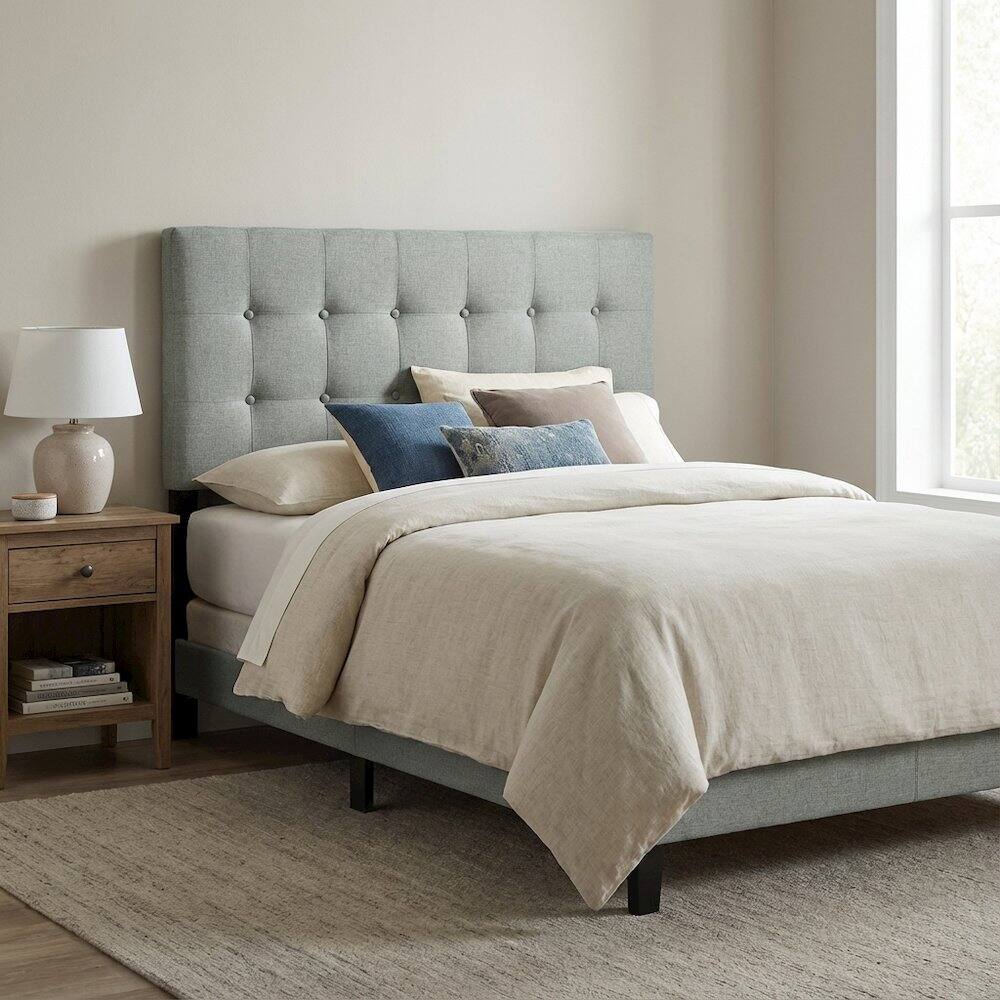Left. FurniFact - Upholstered Fabric Twin Headboard in Neutral Tone with Padded Design - Gray.