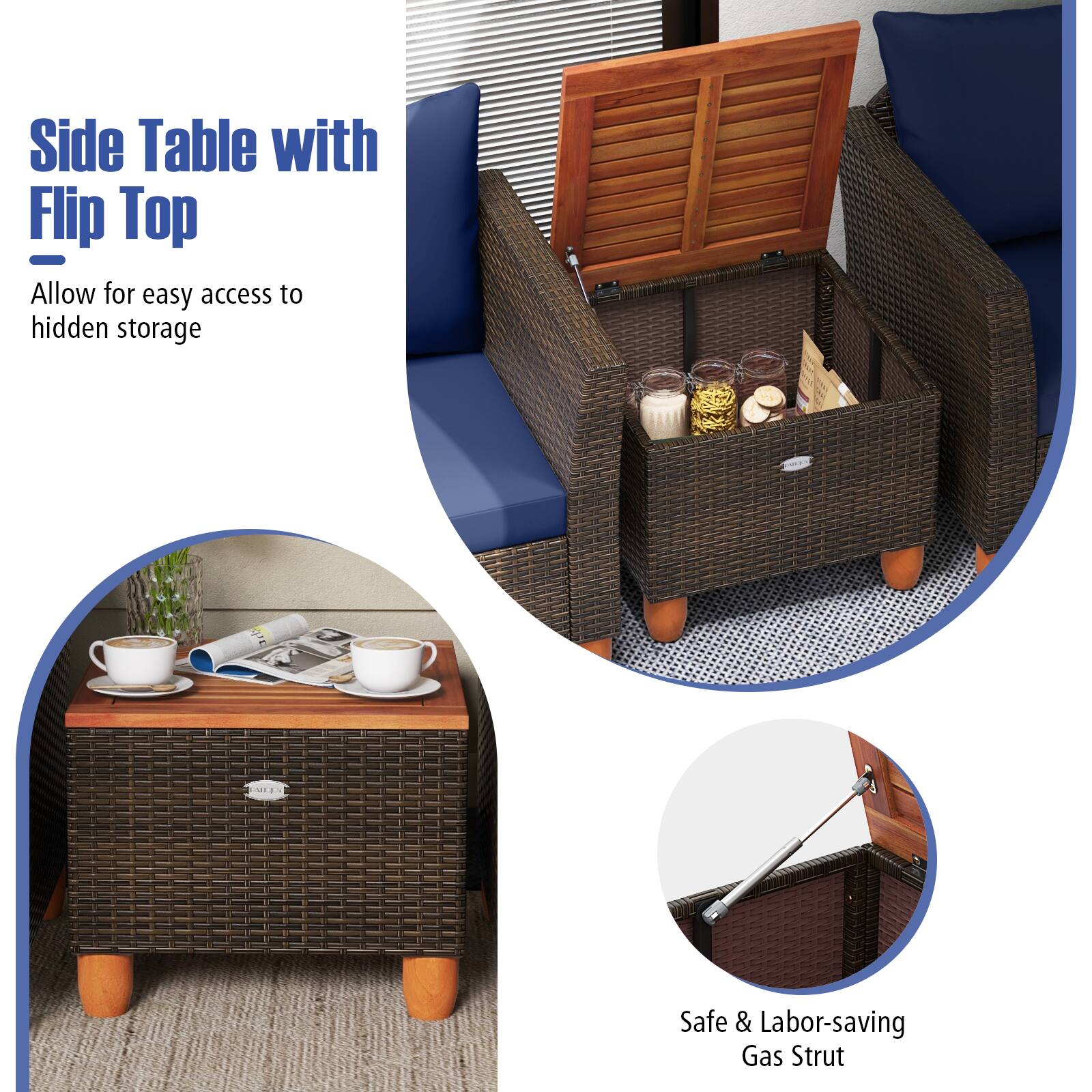 Side Table with Flip Top  
Allow for easy access to hidden storage  

Safe & Labor-saving Gas Strut