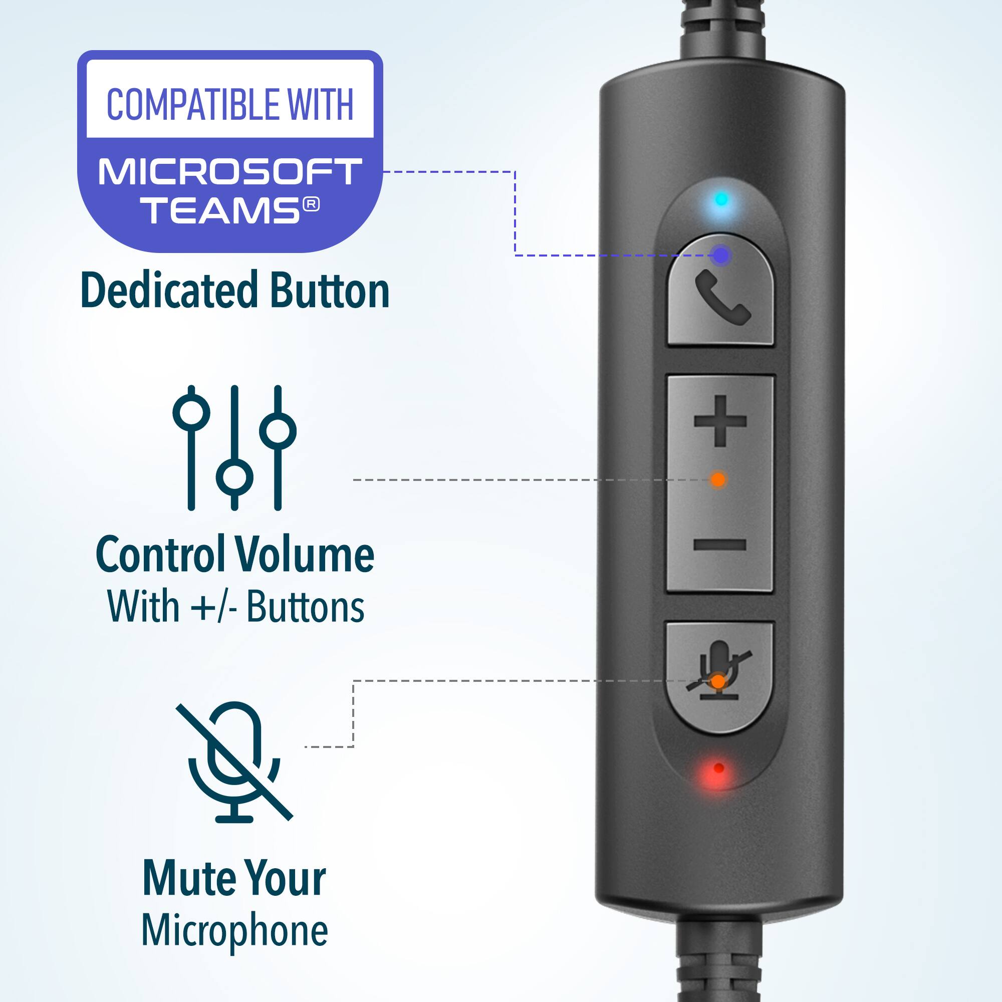 COMPATIBLE WITH MICROSOFT TEAMS
Dedicated Button
Control Volume With +/- Buttons
Mute Your Microphone
