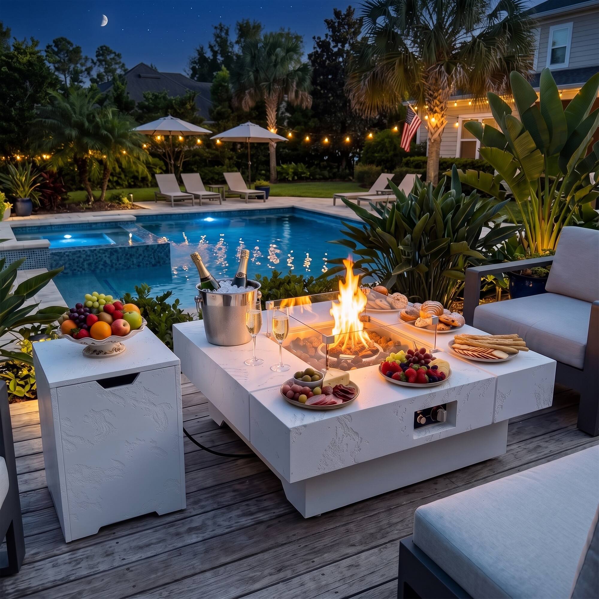 Left. Famapy - 50,000 BTU Outdoor Propane Fire Pit Table with Wind Guard, Tank Hideaway, Cover and Lava Rocks - White.