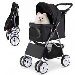 Gymax - 4-Wheel Pet Stroller for Dogs Cats up to 33 LBS Foldable w/ Breathable Mesh - Black