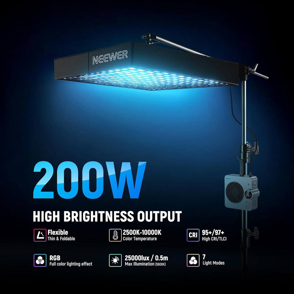 NEEWER 200W HIGH BRIGHTNESS OUTPUT

- Flexible
- Thin & Foldable
- 2500K-10000K Color Temperature
- CRI 95+/97+ High CRI/TLCI
- RGB Full color lighting effect
- 25000lux / 0.5m Max Illumination (5600K)
- 7 Light Modes
