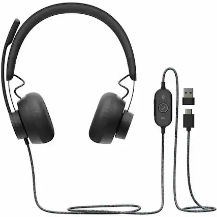 Front. Logitech - Logitech Zone Wired 2 - Noise-Canceling Headset with Adaptive Hybrid ANC, USB-C with USB-A adapter, Offwhite - USB Type - White.