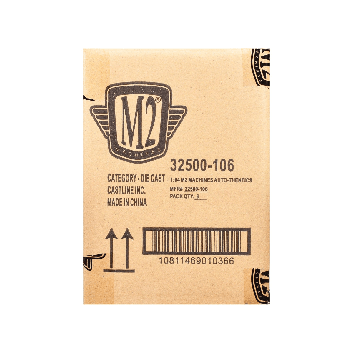 M2 MACHINES  
32500-106  
CATEGORY DIE CAST  
1:64 M2 MACHINES AUTO-THENTICS  
CASTLINE INC.  
MFR# 32500-106  
PACK QTY. 6  
MADE IN CHINA  
10811469010366