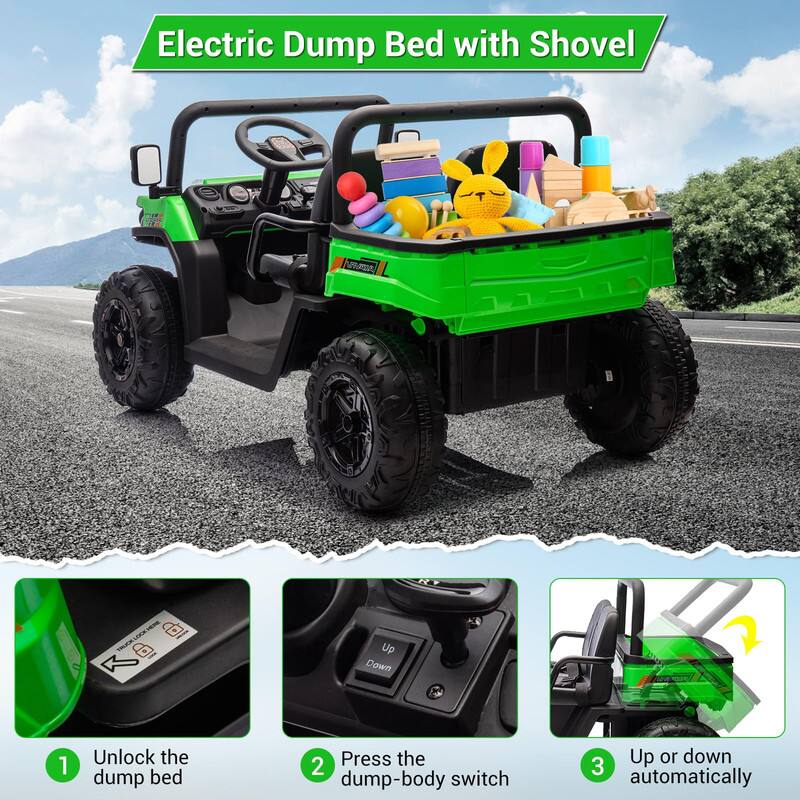 Electric Dump Bed with Shovel

1. Unlock the dump bed
2. Press the dump-body switch
3. Up or down automatically