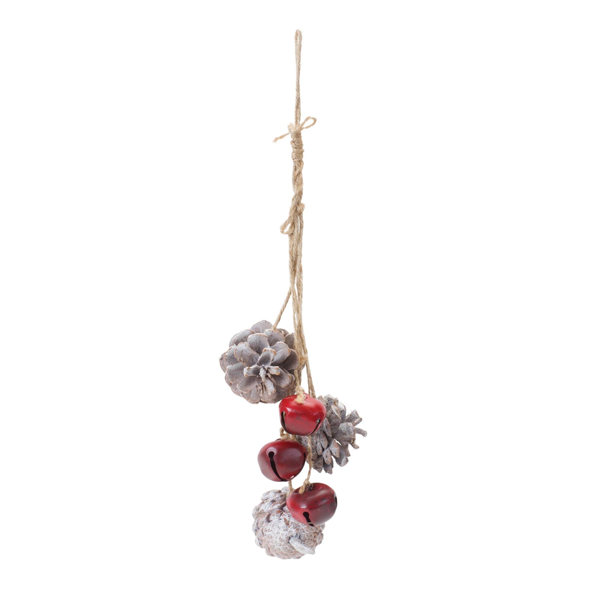 Angle. BreeBe - Bell and Pine Cone Drop Ornament (Set of 6) - Red, Brown.