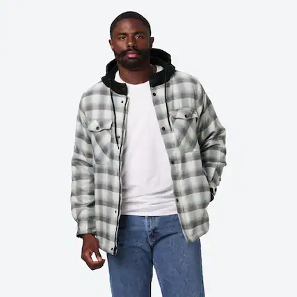 Front. Mobile Warming - Men's Flannel Heated Hoodie Jacket - Cream/Grey.