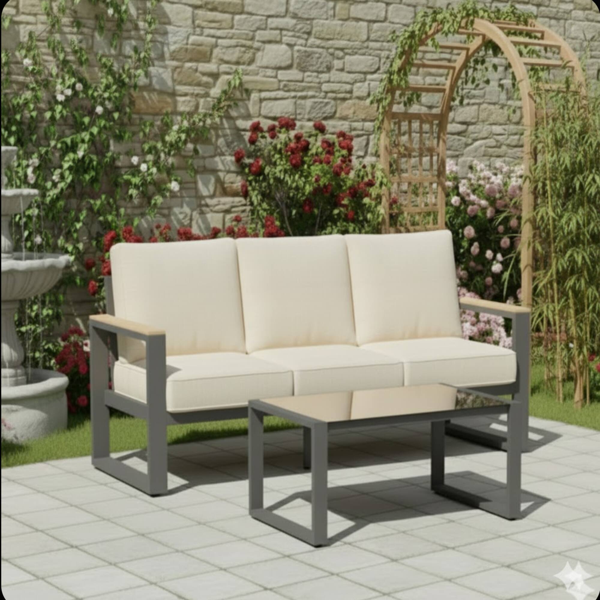 Left. Mondawe - 2-Piece 3-Seat Outdoor Aluminum Sofa Couch Set with Cushions and Glass Coffee Table - Beige+Black.