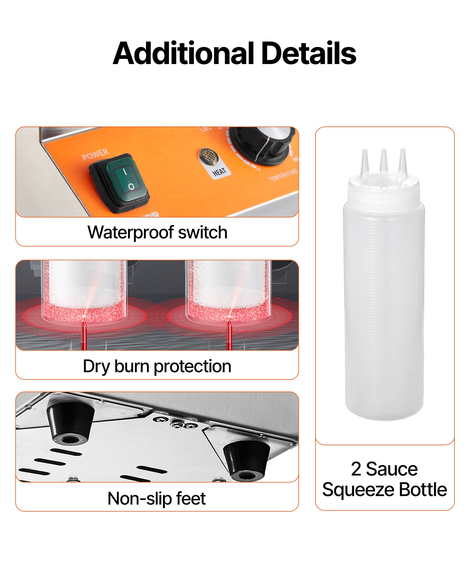 Additional Details

- Waterproof switch
- Dry burn protection
- Non-slip feet
- 2 Sauce Squeeze Bottle