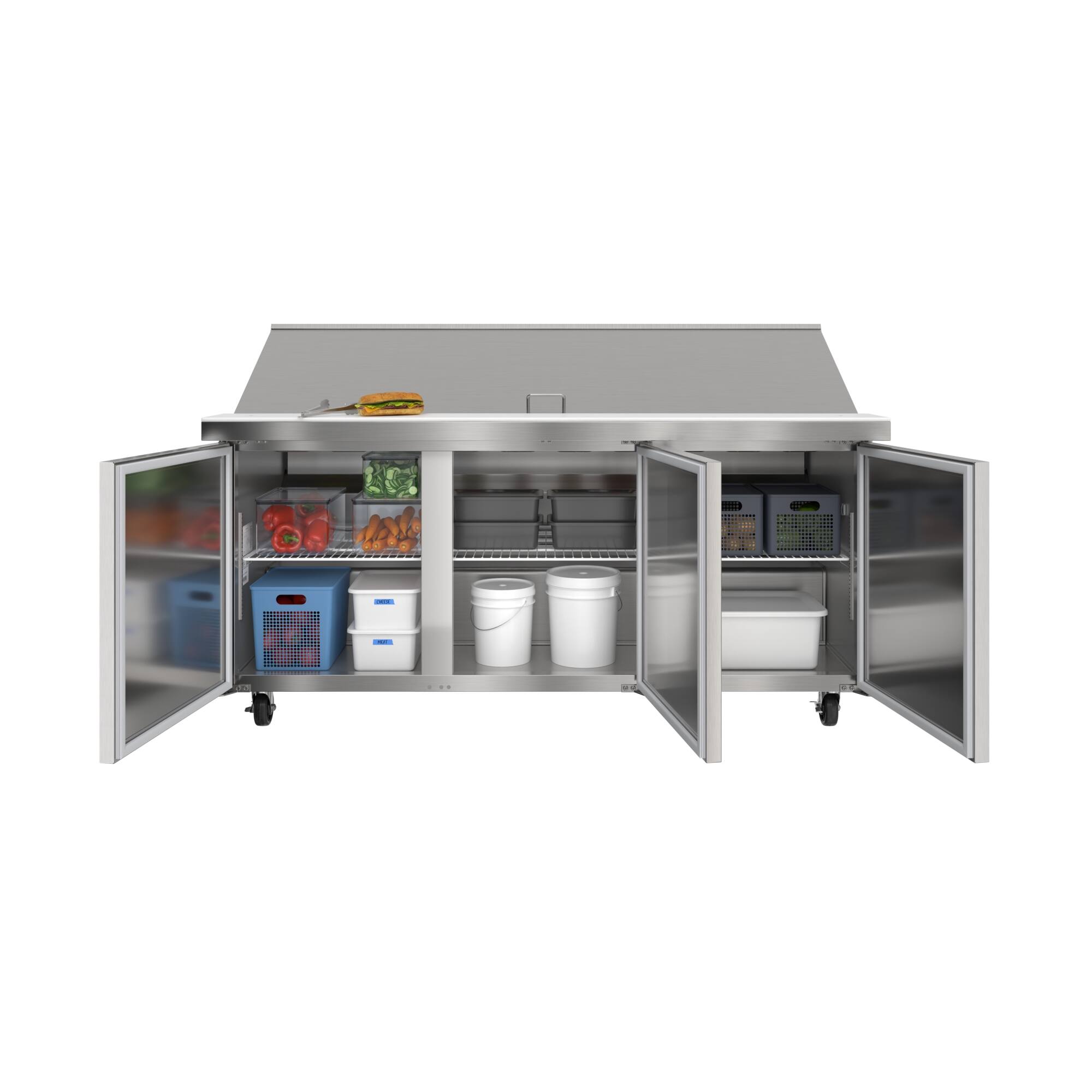 Angle. Koolmore - 70 in. Commercial 3-Door Refrigerated Mega Salad and Sandwich Prep Table, 30 Pan Capacity and 22 Cu. Ft. of Storage - Stainless steel.