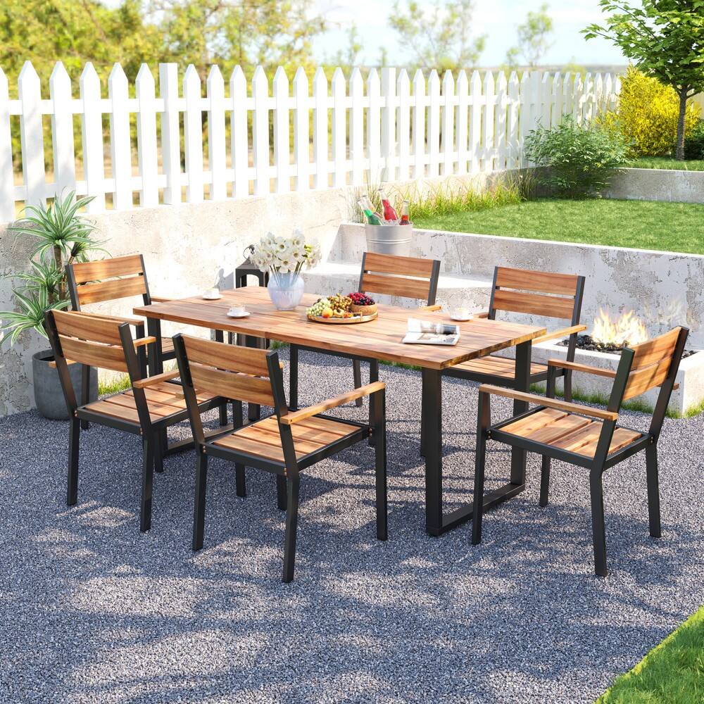 Left. Mondawe - 7 Pieces Acacia Wood Patio Dining Set with Metal Frame and 2 Inches Umbrella Hole - Brown and Black.