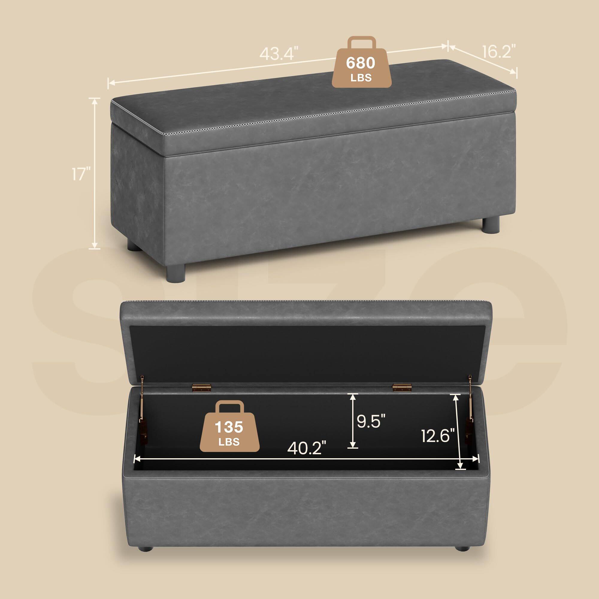 Alt View 2. Acekool - Storage Ottoman Bench, Ottoman Foot Rest, Mid-Century Modern, Synthetic Leather with Stitching, - Grey.