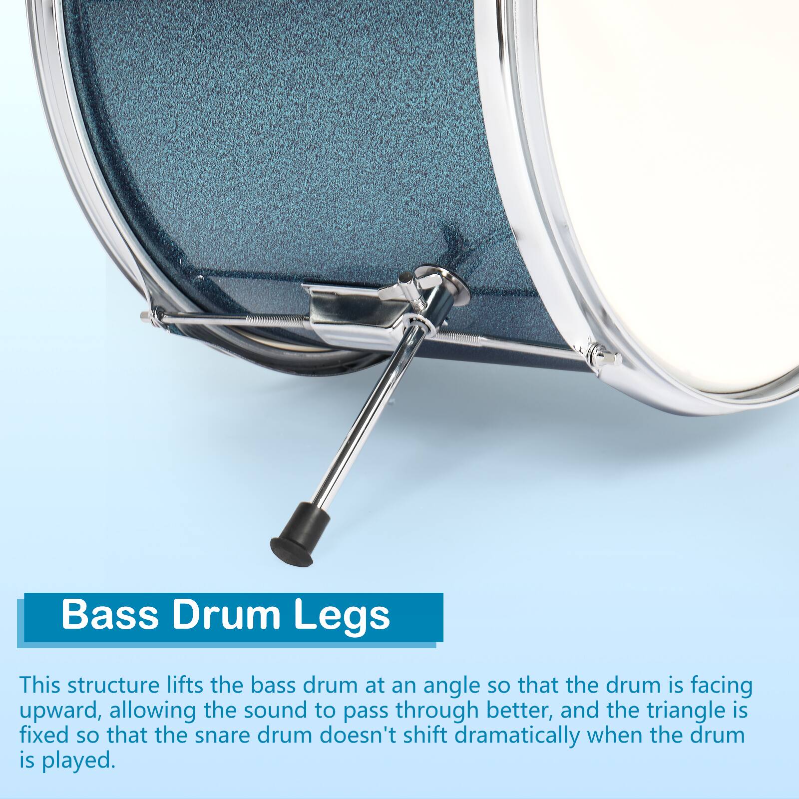 Bass Drum Legs

This structure lifts the bass drum at an angle so that the drum is facing upward, allowing the sound to pass through better, and the triangle is fixed so that the snare drum doesn't shift dramatically when the drum is played.