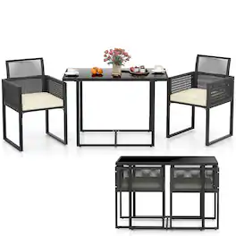 Gymax - 3PCS Patio PE Wicker Furniture Set Cushioned Chairs w/Folding Backrest Backyard - Black, White