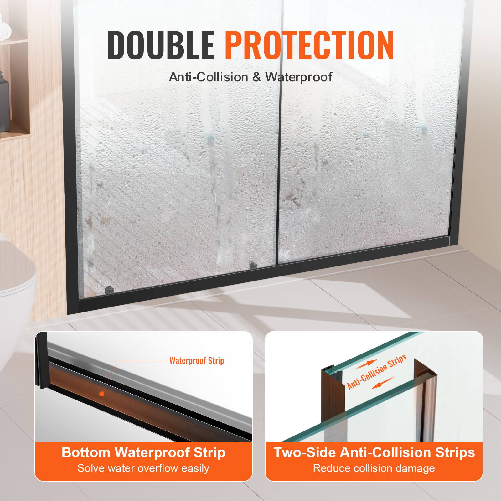 DOUBLE PROTECTION  
Anti-Collision & Waterproof  

Bottom Waterproof Strip  
Solve water overflow easily  

Two-Side Anti-Collision Strips  
Reduce collision damage