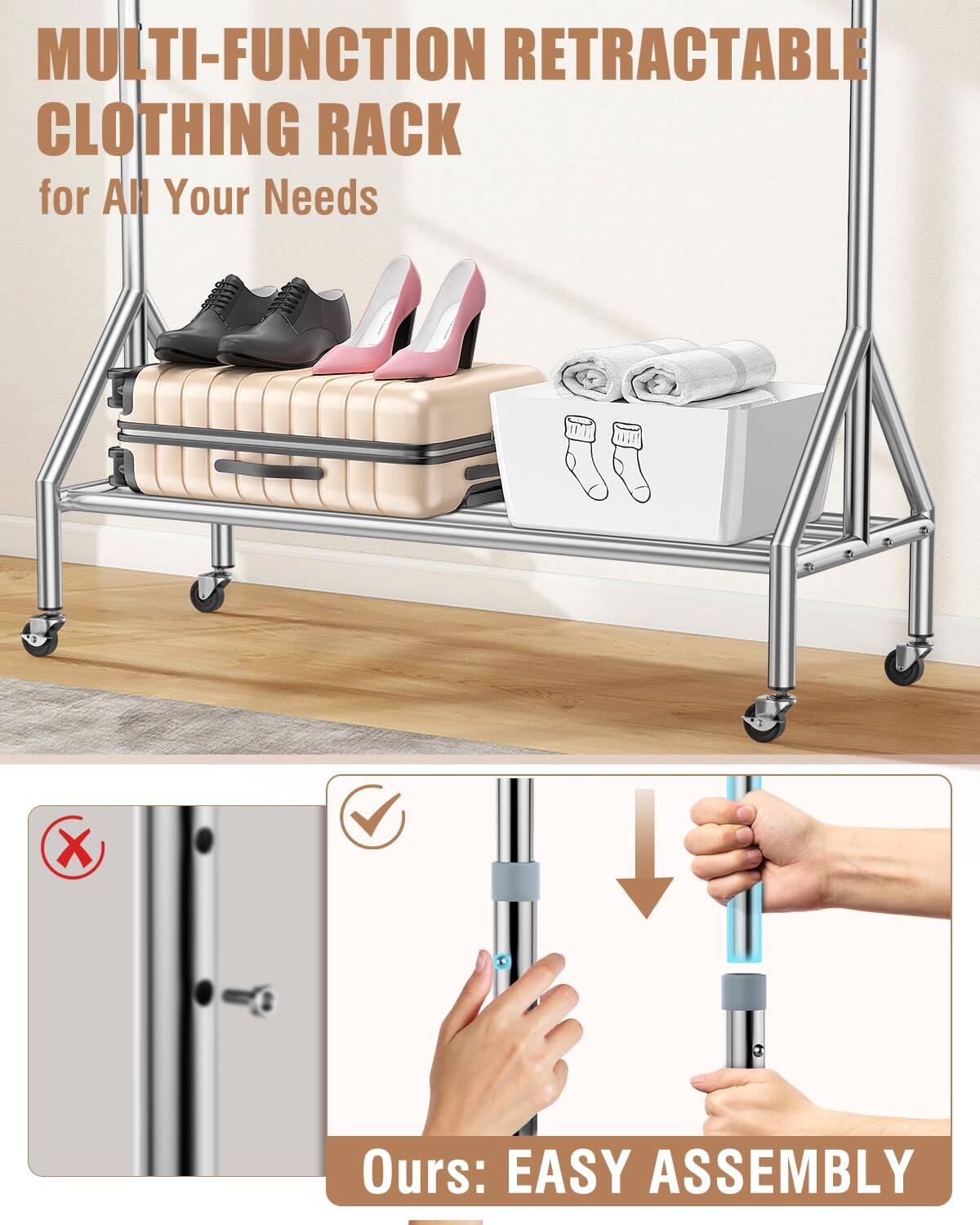 MULTI-FUNCTION RETRACTABLE CLOTHING RACK for All Your Needs

Ours: EASY ASSEMBLY