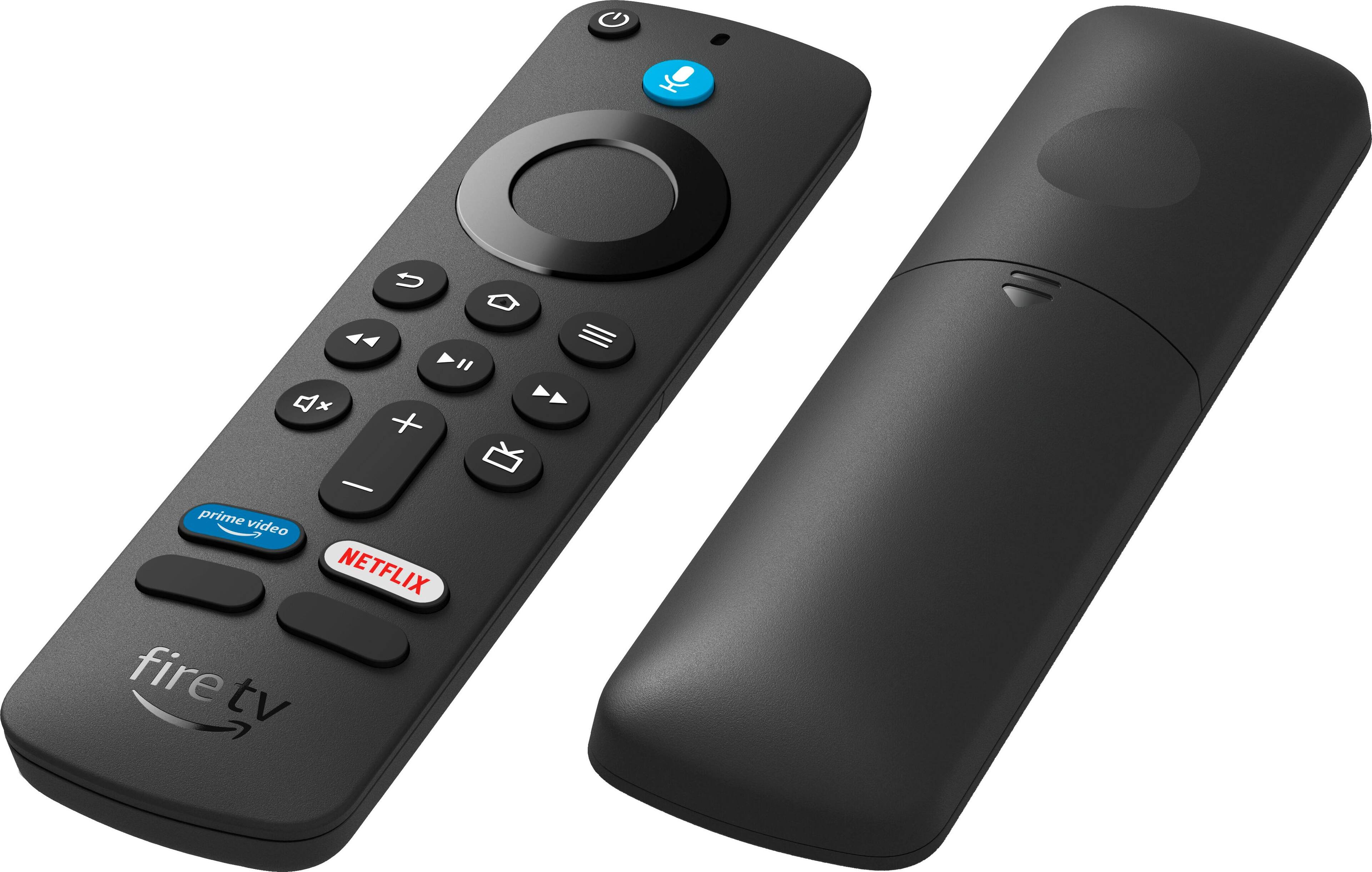 "A black remote control for a Fire TV, with buttons for Netflix and Prime Video."