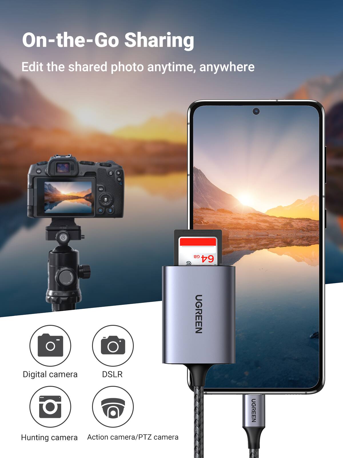 On-the-Go Sharing  
Edit the shared photo anytime, anywhere  

Digital camera  
DSLR  
Hunting camera  
Action camera/PTZ camera  

UGREEN