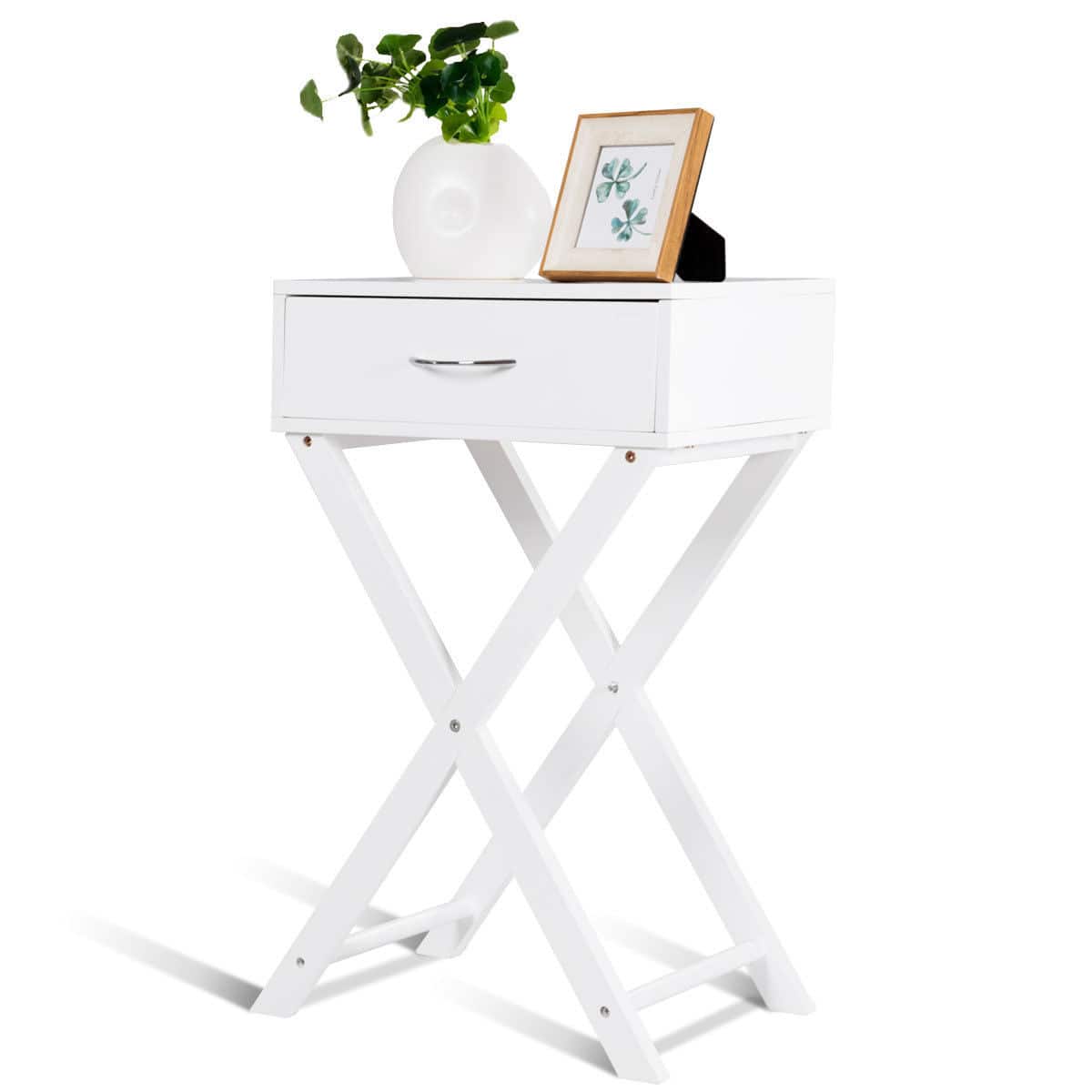 Front. Costway - Nightstand X-Shape Drawer Accent side End Table Modern Home Furniture - White.