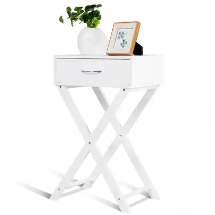 Front. Costway - Nightstand X-Shape Drawer Accent side End Table Modern Home Furniture - White.