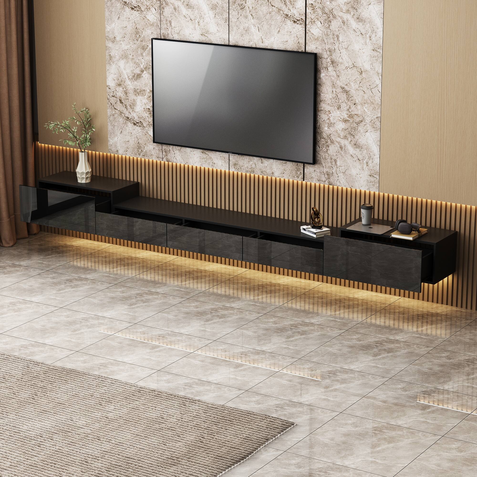 Angle. Famapy - Famapy Floating TV Stand, Wall - Mounted Media Console with LED Lights & Storage Up to 70 Inches - Black.