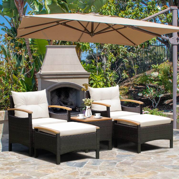 Alt View 4. Mondawe - 5-Piece Patio Conversation Set w/ Cushions & Ottomans, Outdoor Rattan Sofa Set with Acacia Wood Table - White.