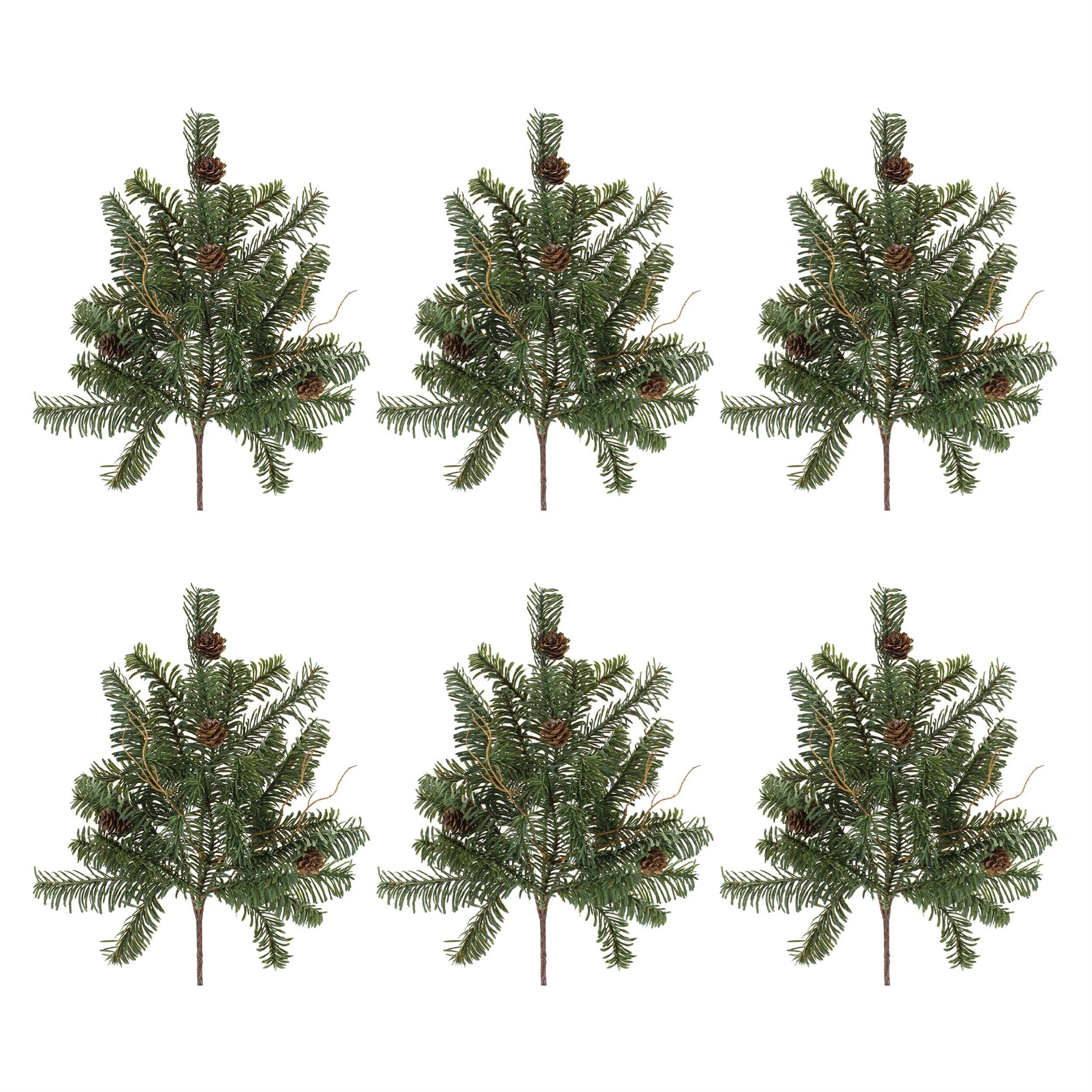 Left. BreeBe - Pine Spray with Pinecones (Set of 6) - Green, Brown.