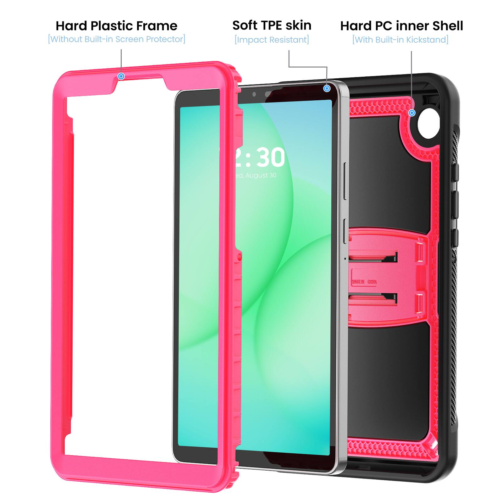 Hard Plastic Frame [Without Built-in Screen Protector]  
Soft TPE skin [Impact Resistant]  
Hard PC inner Shell [With Built-in Kickstand]  

1. 30  
August 30  
5 CN