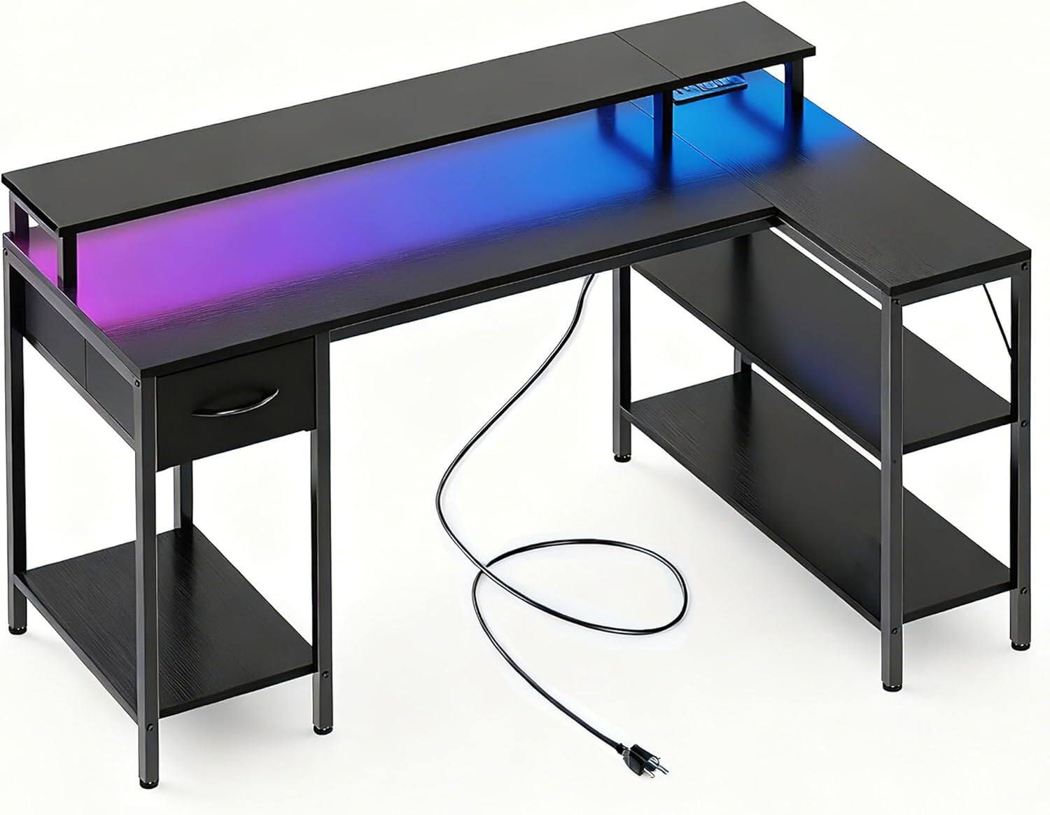 Left. Sweet - 53” Gaming Desk, Reversible L Shaped Computer Desk  with Power Outlets, LED Lights, Shelves and Drawer, Black - Black.