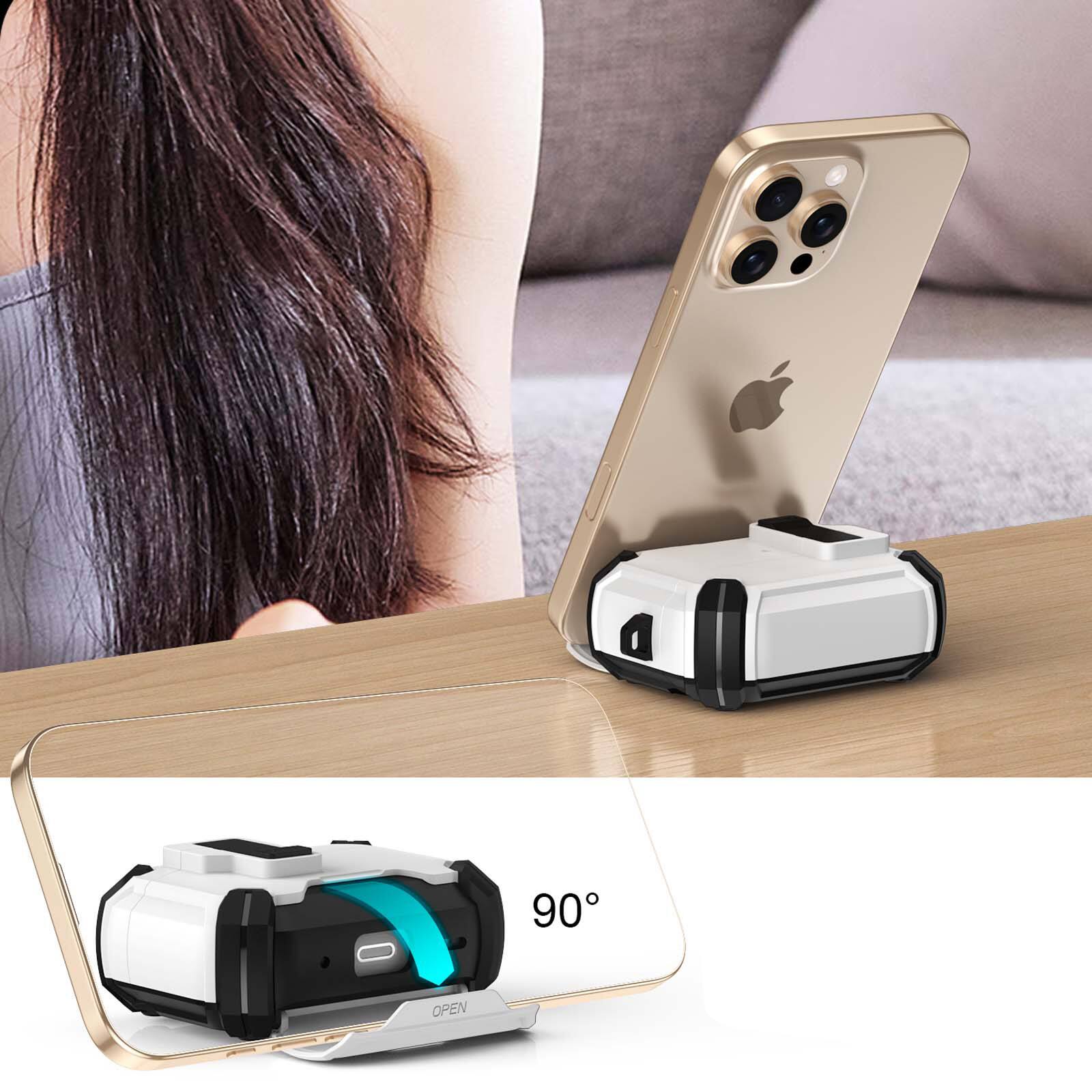 Angle. Dteck - Case for AirPods Pro 3 with Carabiner and Cleaning pen, Slim Rugged Shockproof Protective Cover Built-in Stand - White.