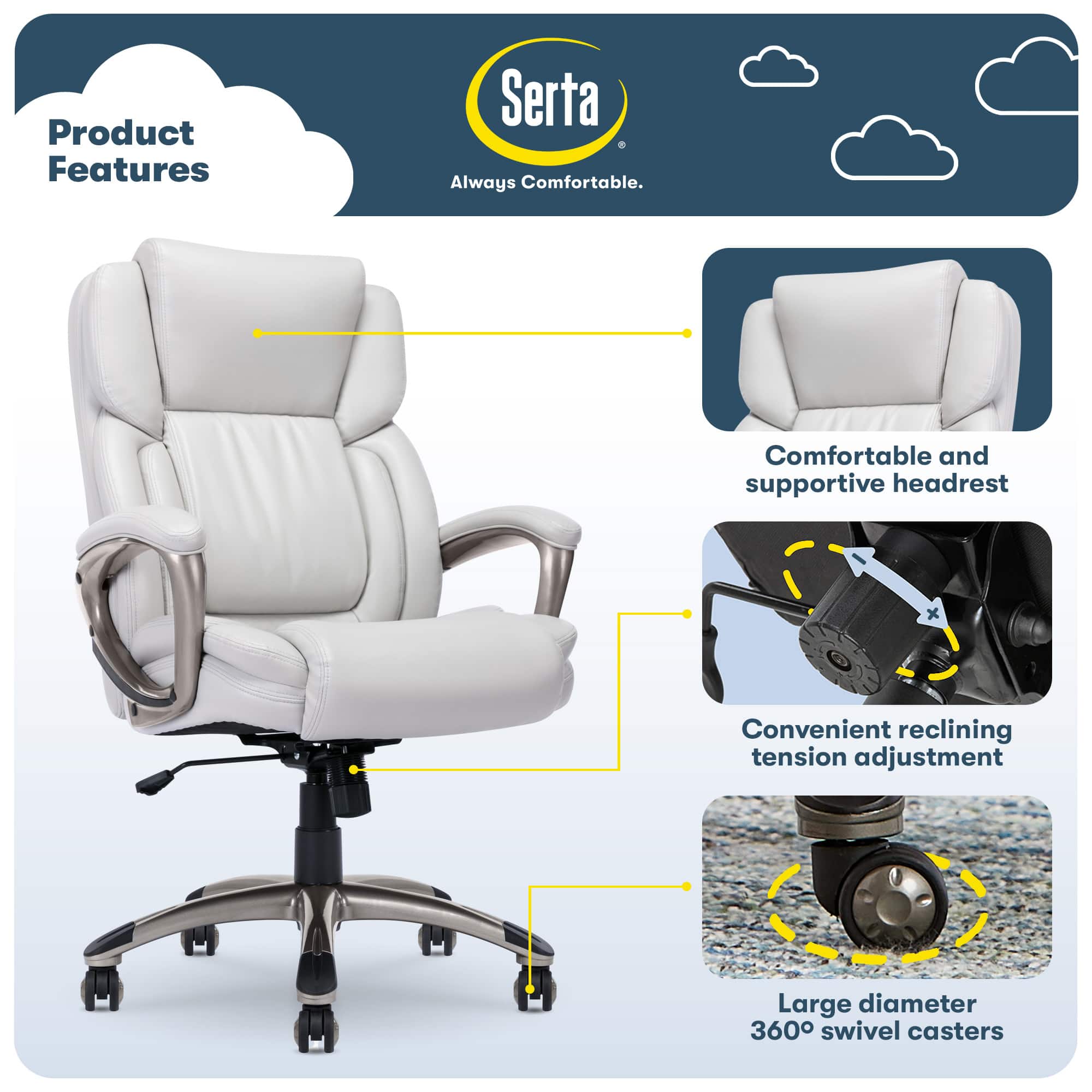Product Features:
1. Serta: Always Comfortable.
2. Comfortable and supportive headrest.
3. Convenient reclining tension adjustment.
4. Large diameter 360 swivel casters.