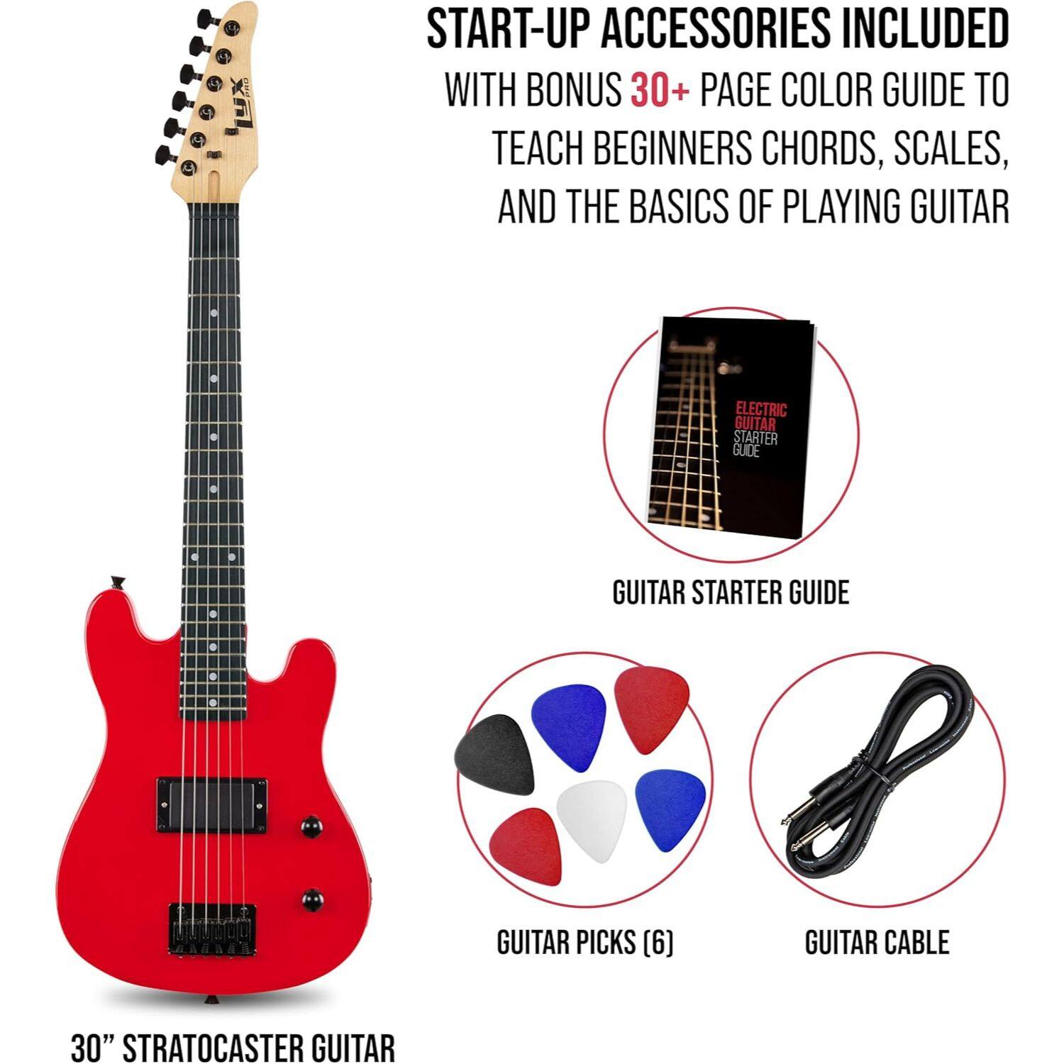 START-UP ACCESSORIES INCLUDED WITH BONUS 30+ PAGE COLOR GUIDE TO TEACH BEGINNERS CHORDS, SCALES, AND THE BASICS OF PLAYING GUITAR. ELECTRIC GUITAR STARTER GUIDE. GUITAR PICKS (6) GUITAR CABLE 30" STRATOCASTER GUITAR