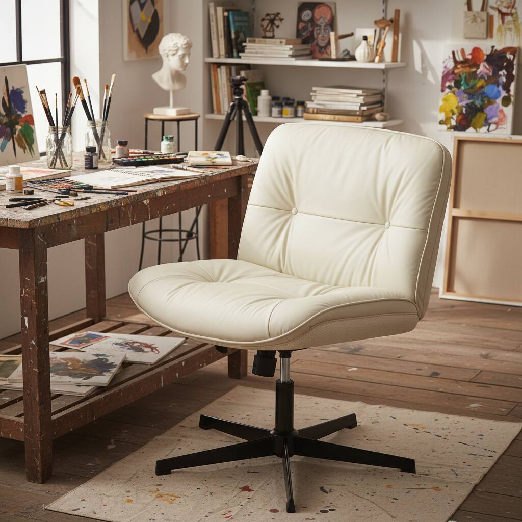 Alt View 4. AOITUN - Criss Cross Leg Chair, Armless Desk, PU Leather Wide Armless Office Chair, Swivel Height Adjustable,No Wheels, White - Beige.