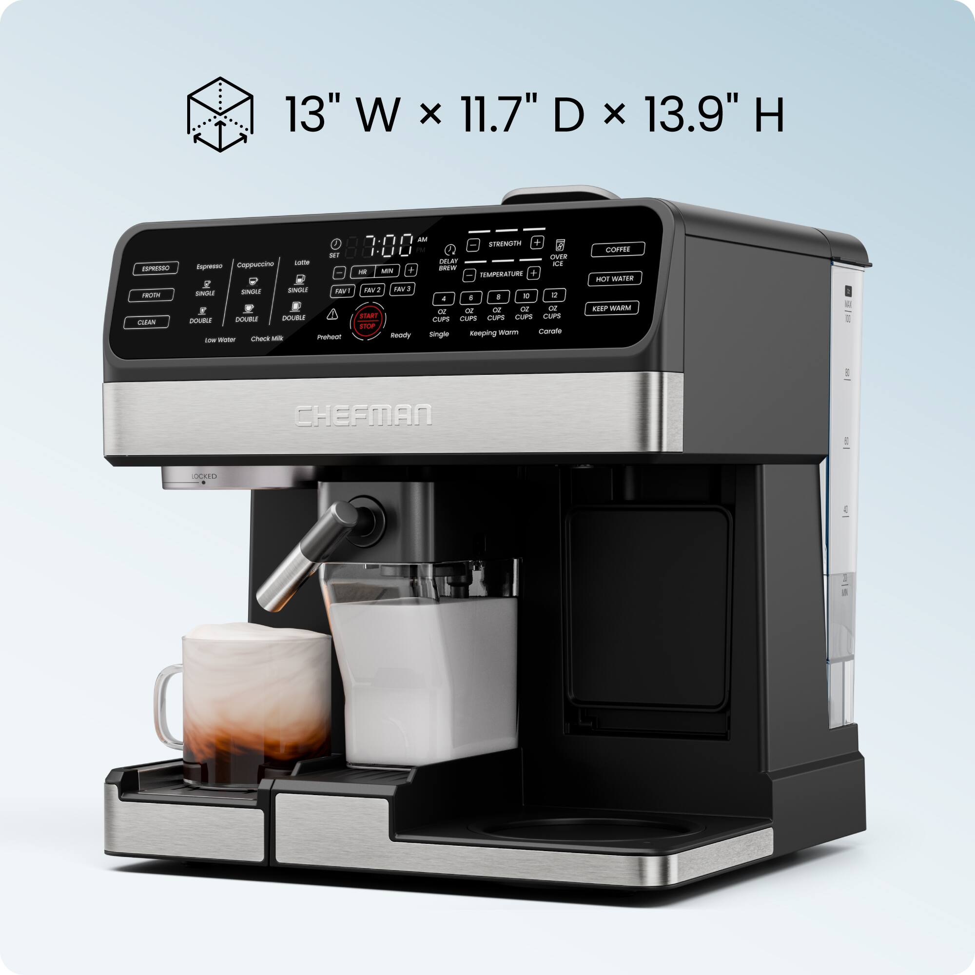 13" W x 11.7" D x 13.9" H

TAN 7 M Cappuccino - Sg R - A - F

DOUBLES - c MN maham - nm - e DELAT F

NMET nA AN a - 4 a - d o - STNT cups cus CP curs cups STOP - cornre Roods single capping COFFEE - marsa SOAP WAdN CHEFMAN