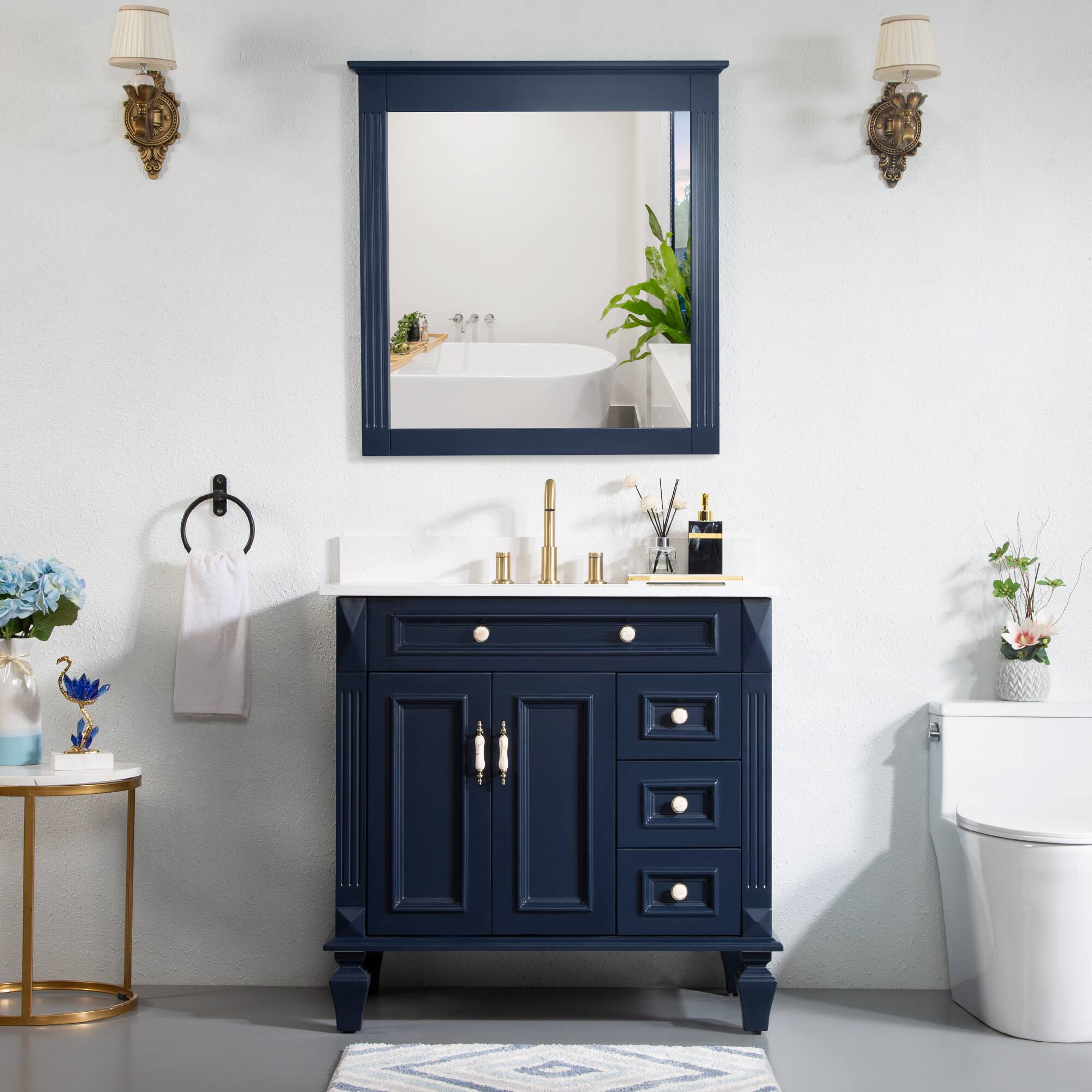 Angle. WELLFOR - ARTWOOD 36 in. Solid Wood Bath Vanity with Quartz Top, Single Sink, Soft Close, Assembled - Navy Blue.