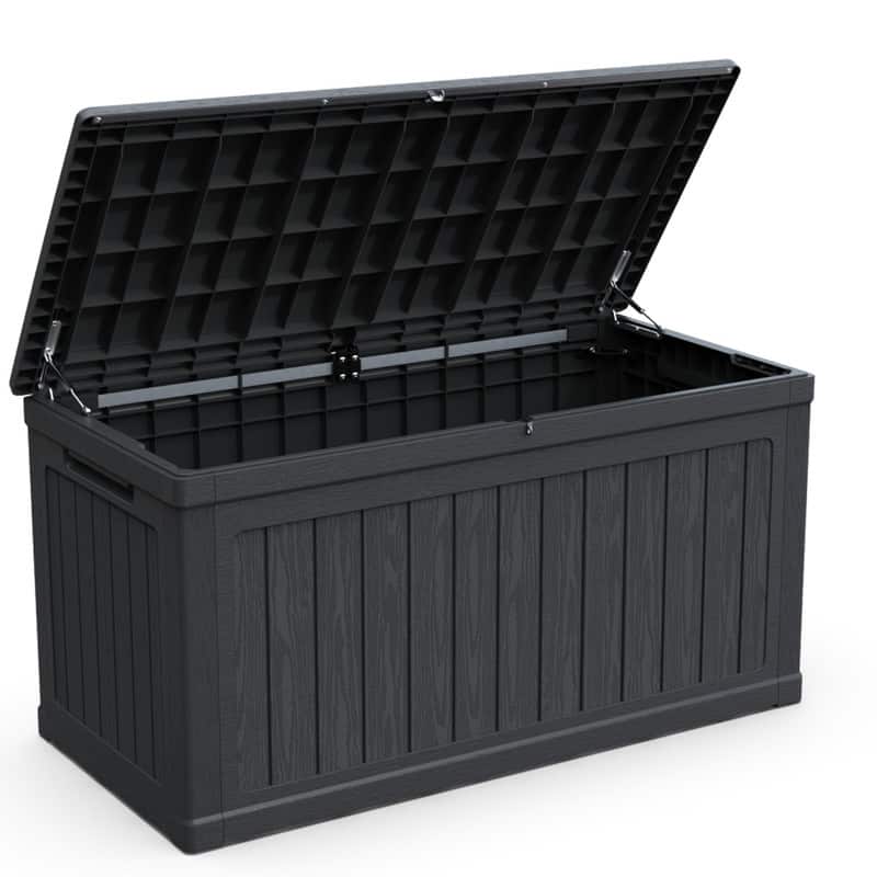 HTUTWOO - 230 Gallon Large Outdoor Storage Deck Box - XXL Waterproof Resin Container for Patio Garden Pools Equipment, Lockable - Black