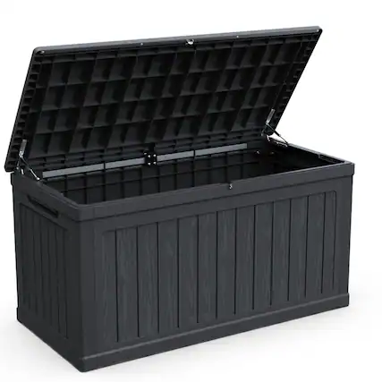 Front. HTUTWOO - 230 Gallon Large Outdoor Storage Deck Box - XXL Waterproof Resin Container for Patio Garden Pools Equipment, Lockable - Black.