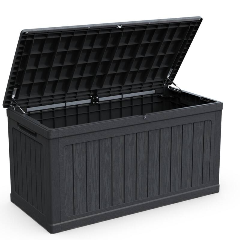 Front. HTUTWOO - 230 Gallon Large Outdoor Storage Deck Box - XXL Waterproof Resin Container for Patio Garden Pools Equipment, Lockable - Black.