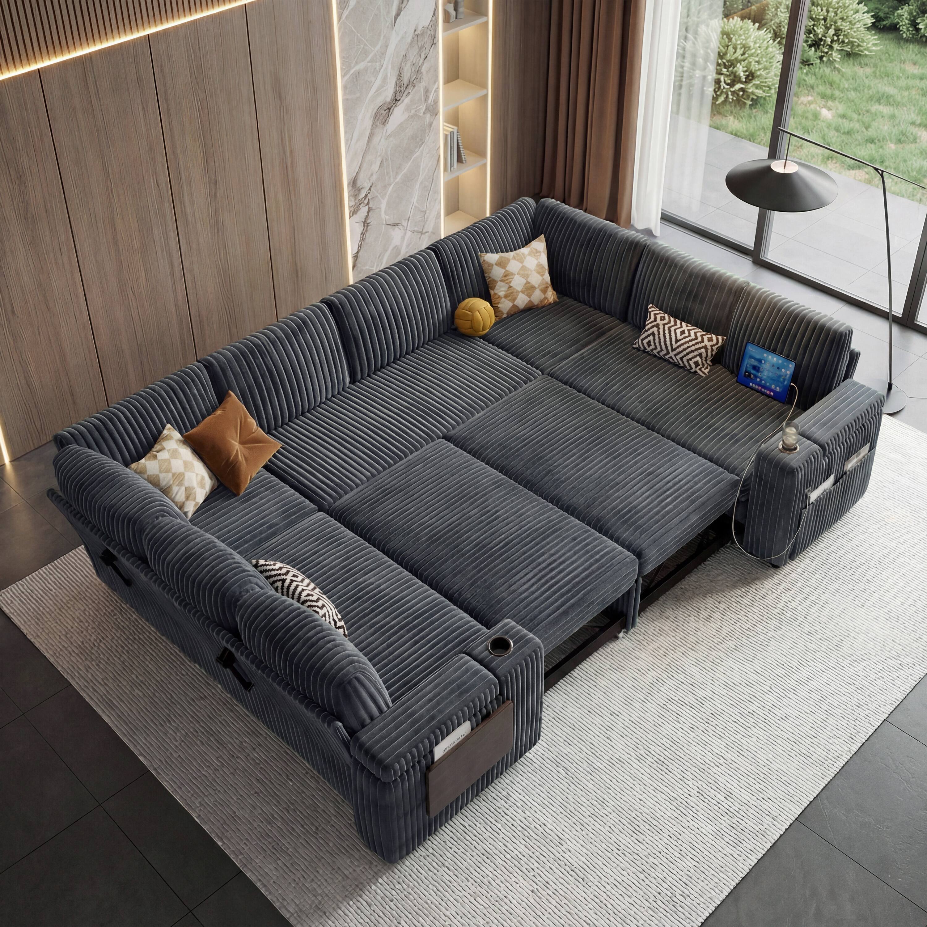 Dyonery - 8 Seat Modular Sleeper Sofa Bed, Storage Chaise,Side Table, USB Ports,Tool Free Assembly,Corduroy Gray - Gray