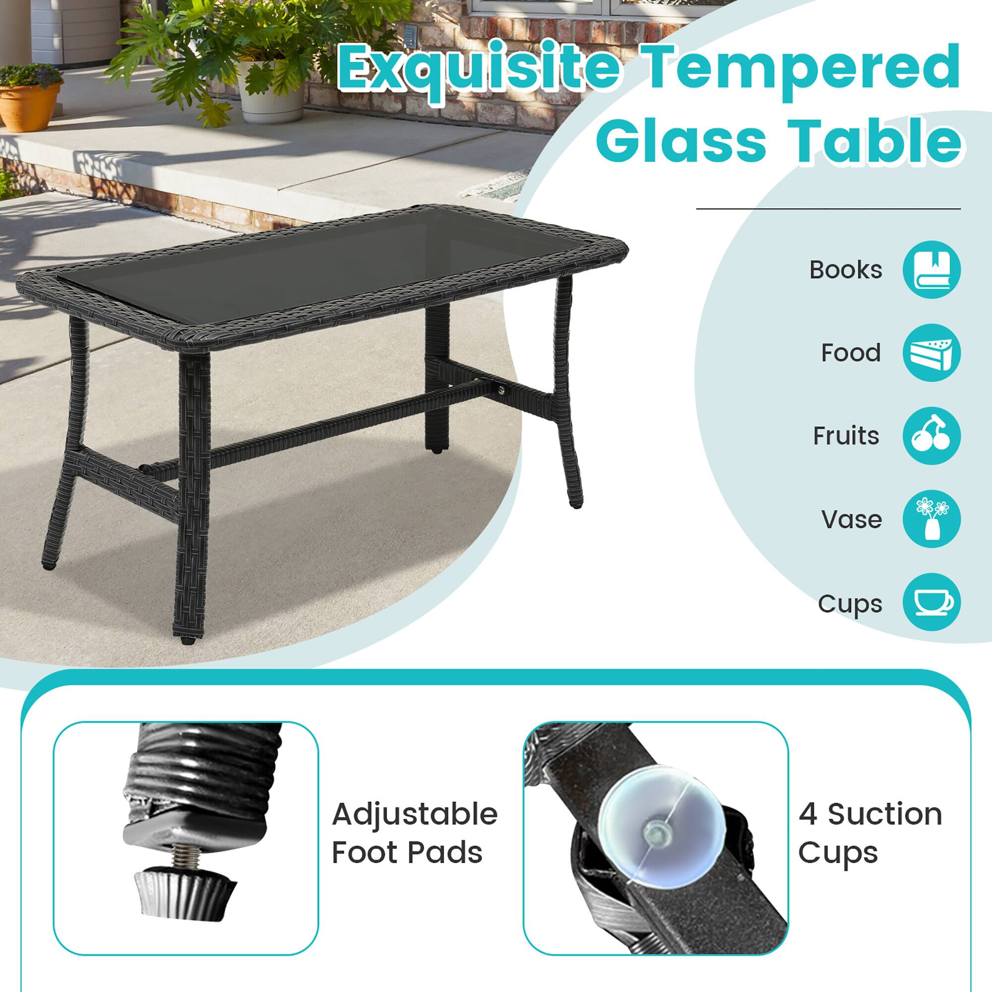 Exquisite Tempered Glass Table
Books
Food
Fruits
Vase
Cups
Adjustable Foot Pads
4 Suction Cups