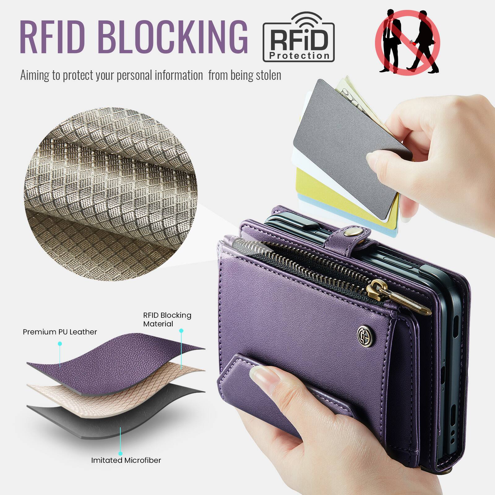 RFID BLOCKING  
Aiming to protect your personal information from being stolen

RFiD Protection

Premium PU Leather  
RFID Blocking Material  
Imitated Microfiber
