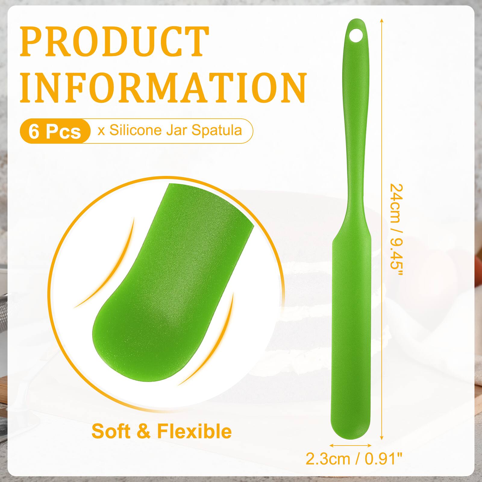 PRODUCT INFORMATION

6 Pcs x Silicone Jar Spatula

24cm / 9.45"

Soft & Flexible

2.3cm / 0.91"