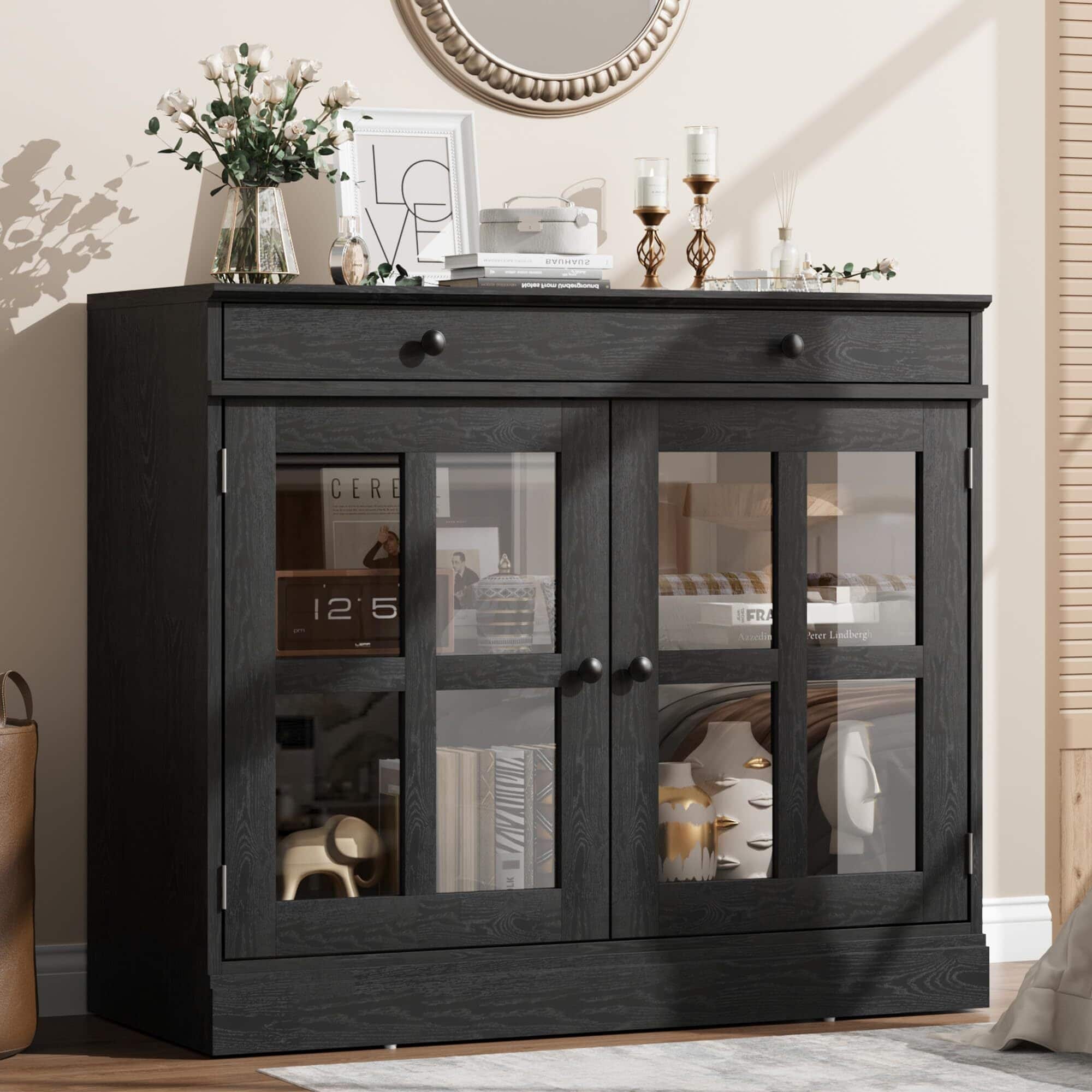 Acekool - 35.4" Oak Sideboard Buffet Cabinet with Glass Door & Drawer & Adjustable Shelf - Black
